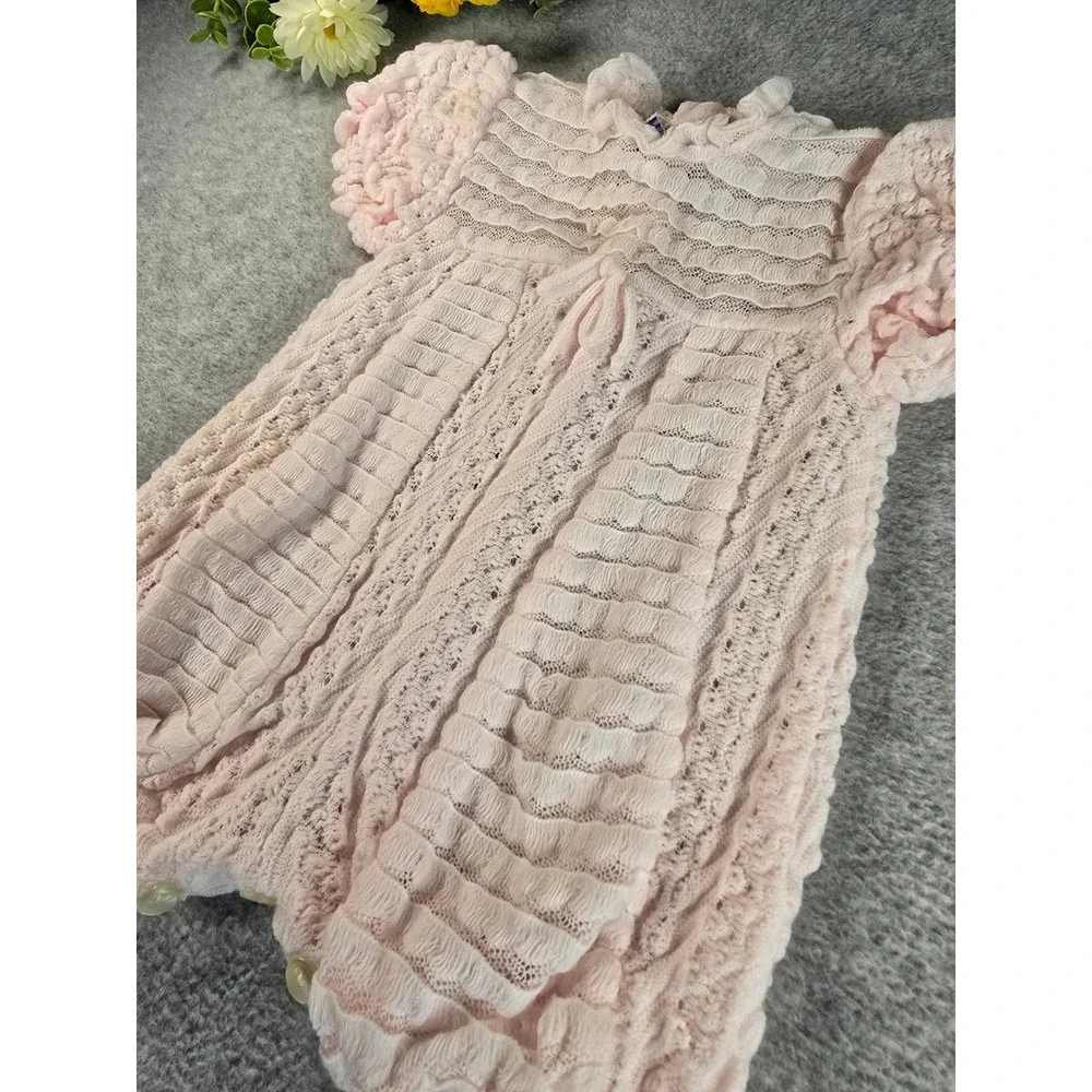 Vintage 80s Baby Girl Pink Knit Romper Portugal Pointelle Bubble One Piece 0-6M